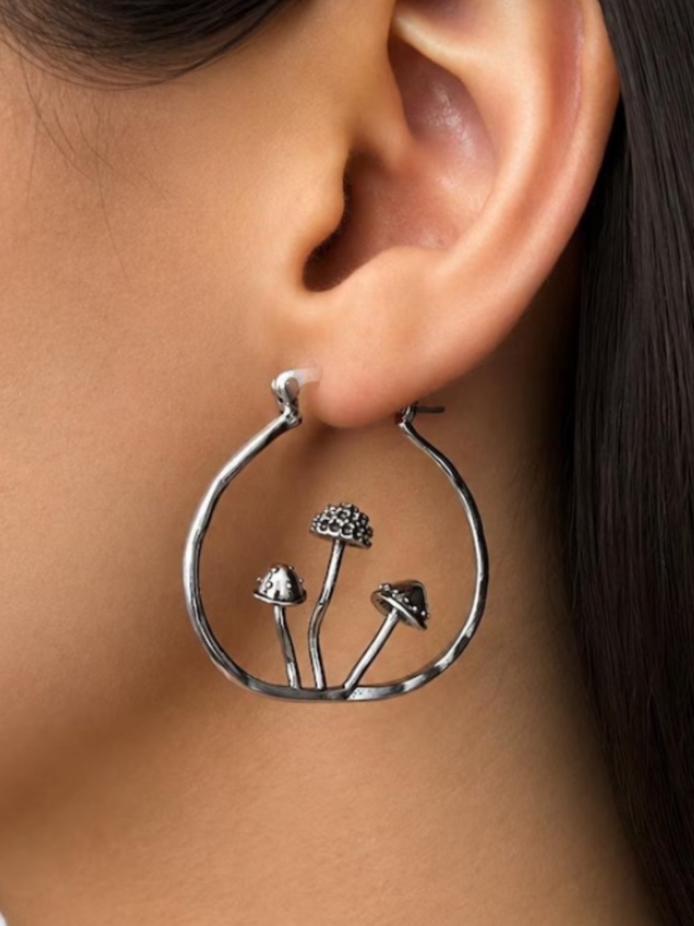 Silver Mushroom Hoop Earrings - Women Jewelry